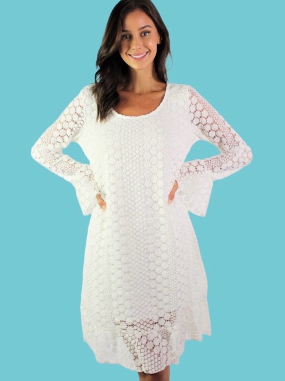 Alison Andrews White Lace Bell Sleeve Mini Dress. New with tags extra large.